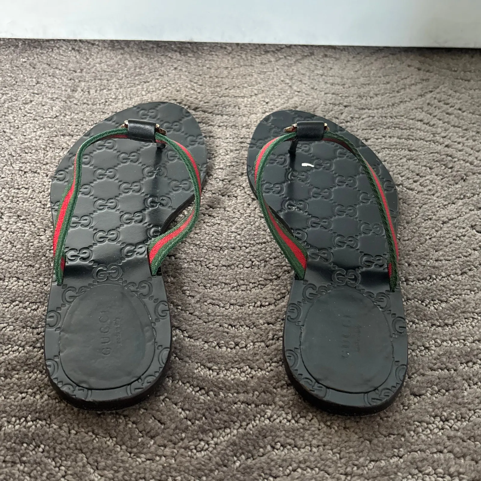 Gucci Interlocking GG Monogram Leather Web Stripe Thong Sandals Black Size 39.5 - Image 5