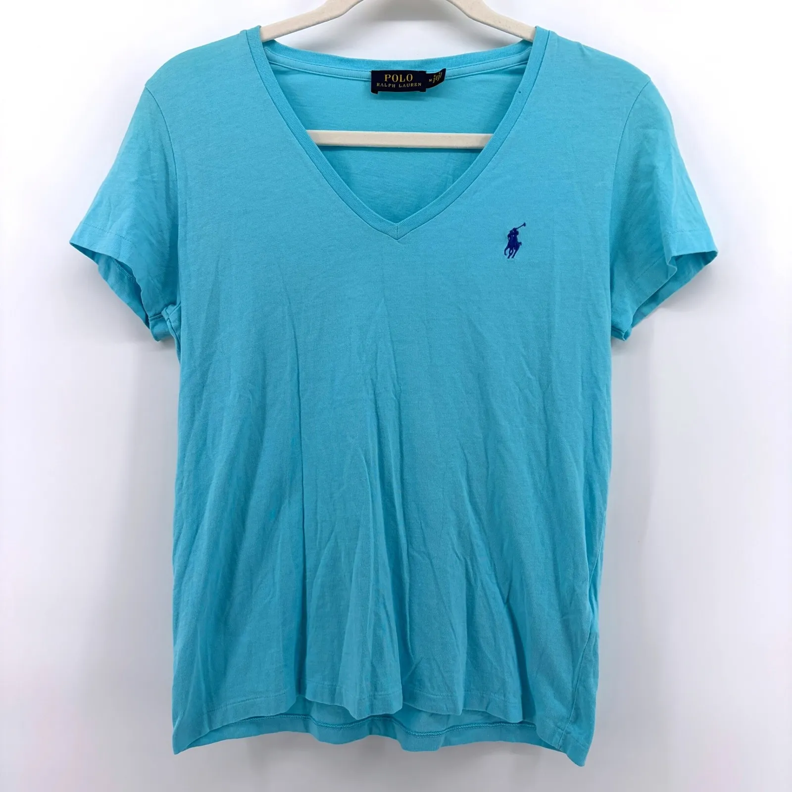 Polo Ralph Lauren Womens V Neck T Shirt Blue Cotton Pony Logo Size Medium- READ - Image 2