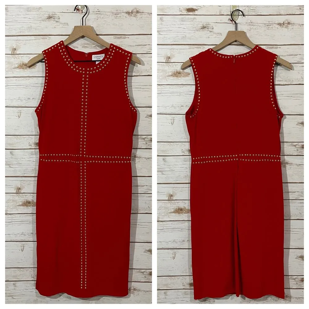 Carmen Marc Valvo Studded Sleeveless Sheath Dress - Red - 8 - Image 10