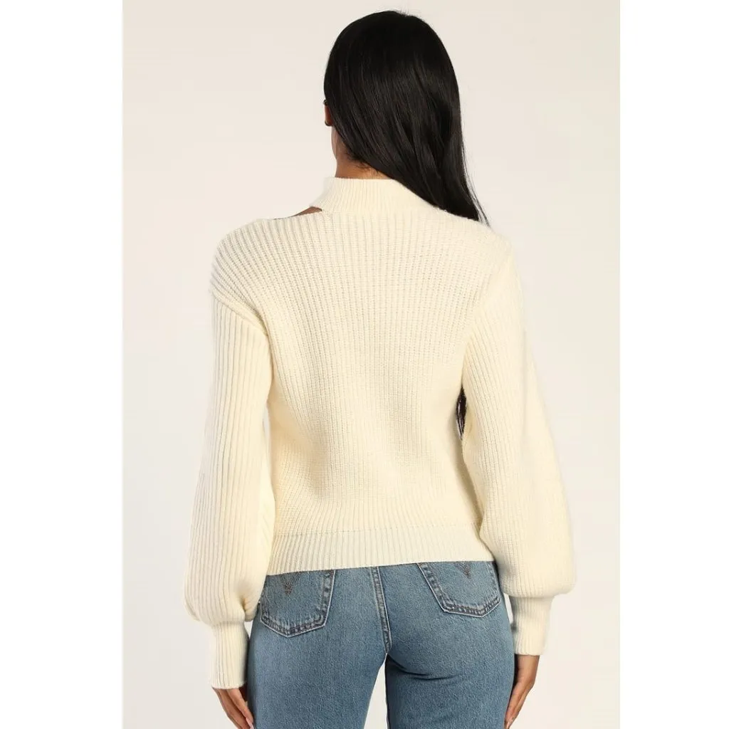 NEW Lulus Trendy Forecast Ivory Pointelle Knit Mock Neck Cutout Sweater Small - Image 3