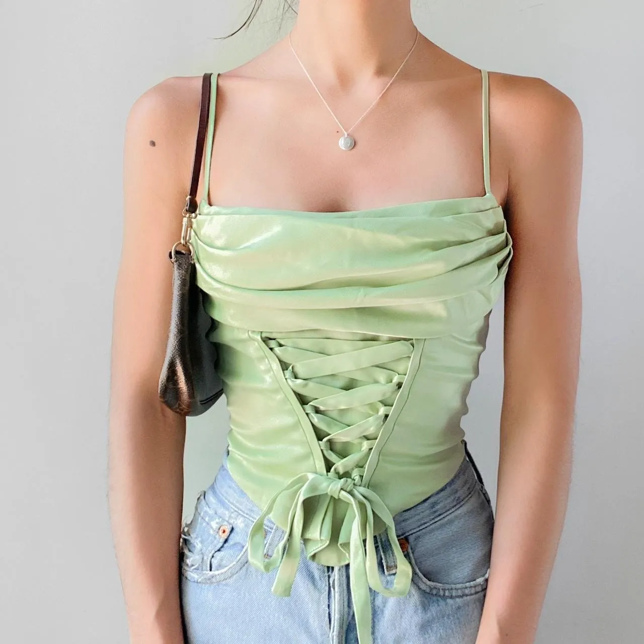 Urban Outfitters Silence + Noise Mimi Cowl Neck Satin Lace Up Corset Camisole - Image 3