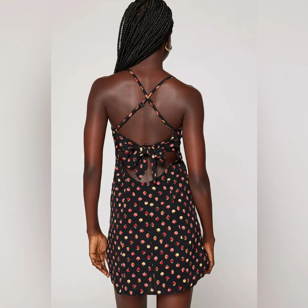Kimchi Blue Urban Outfitters Fruit Print Black Red Strappy Dress Deep B-Neck EUC - Image 3