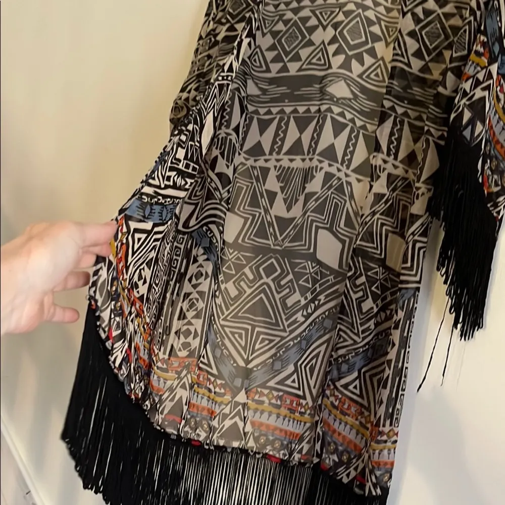 Geometric Patterned Kimono/ Coverup with Fringe - Image 5