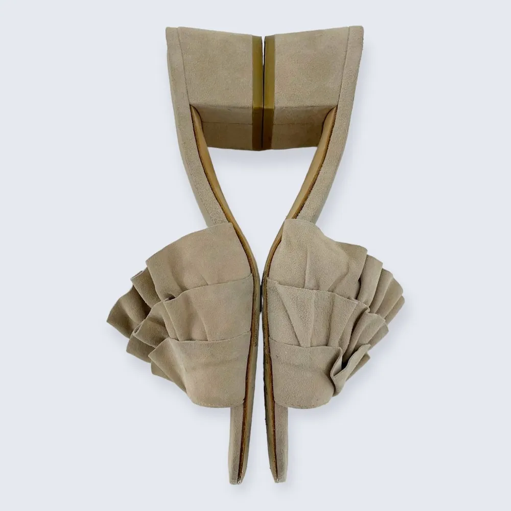 Joie Mai Tan Beige Suede Ruffle Open Toe 2" Block Heel Slide Sandal 37.5 7.5 - Image 6