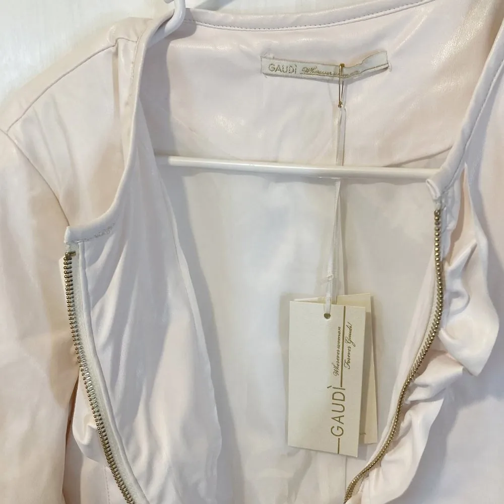 NEW Gaudi women's size 44 IT light rose zip up ruffle faux leather jacket NWD Pink Size M - Image 6