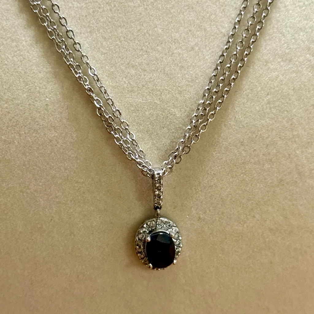 Silver Triple Chain Necklace With Faux Sapphire & Clear Crystal Pendant - Image 5