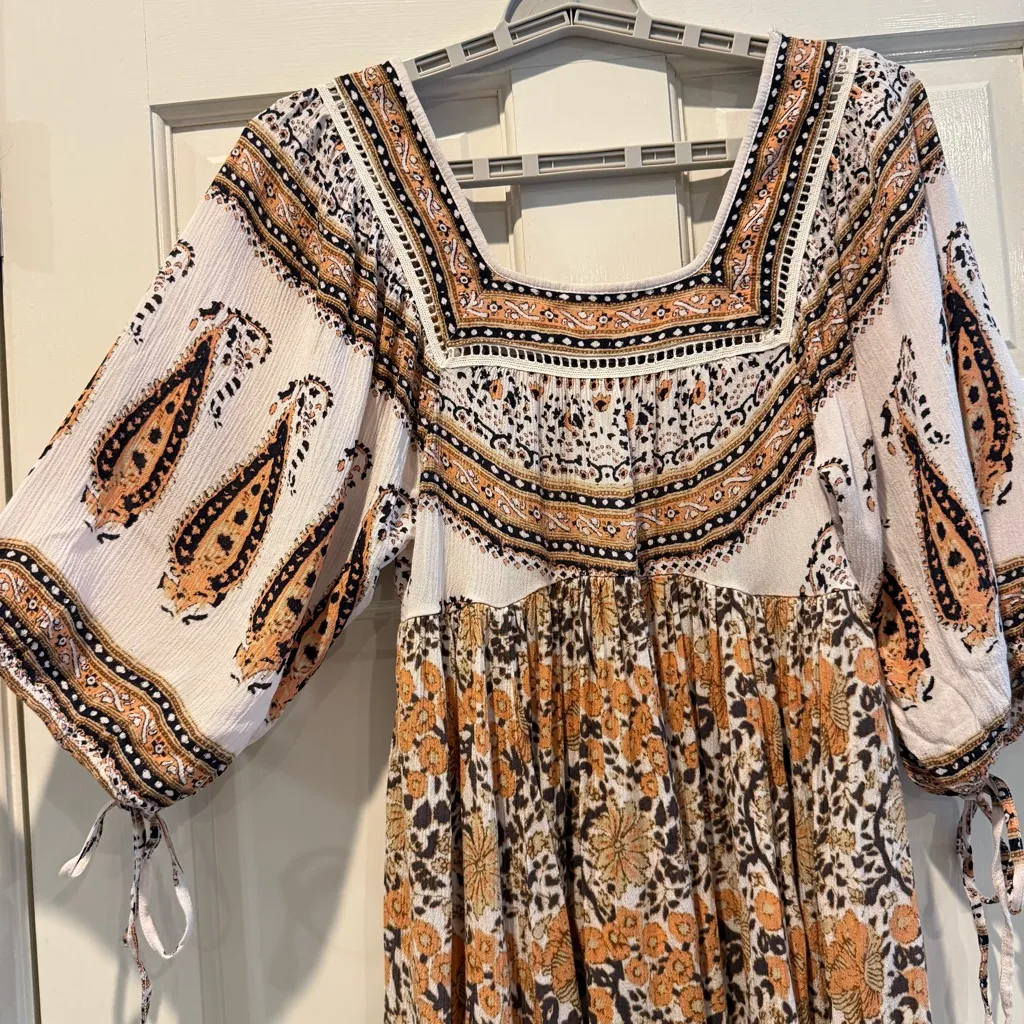 Free People Boho MidSummer Dream Cutout Back Dress Ivory Brown Size XS - Image 4