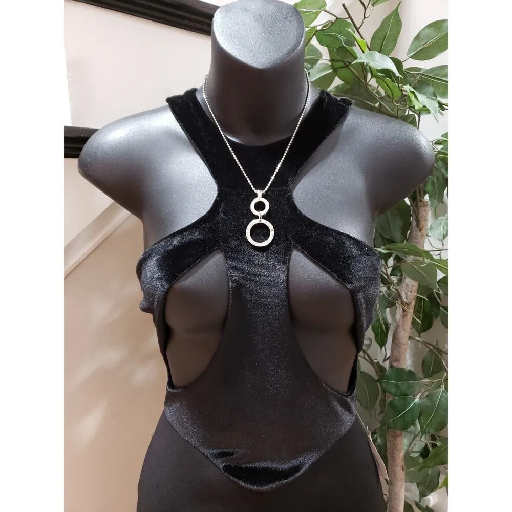 Womens Black Velvet Cut Out Back Zip Halterneck Sleeveless Long Maxi Dress Small - Image 3