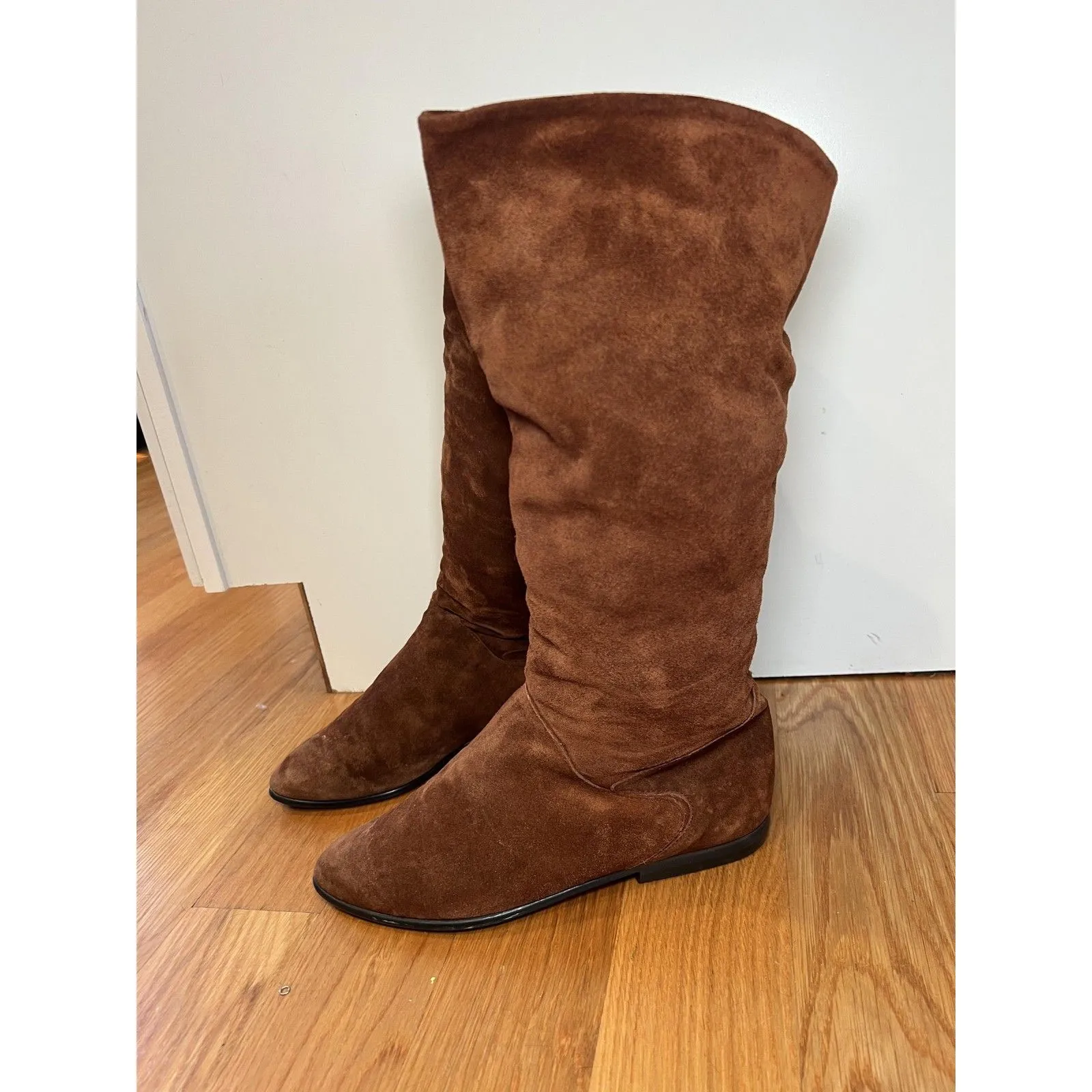 Vintage Slouch Boots Womens Size 8.5 Brown Faux Suede Knee High Flat 80s - Image 4