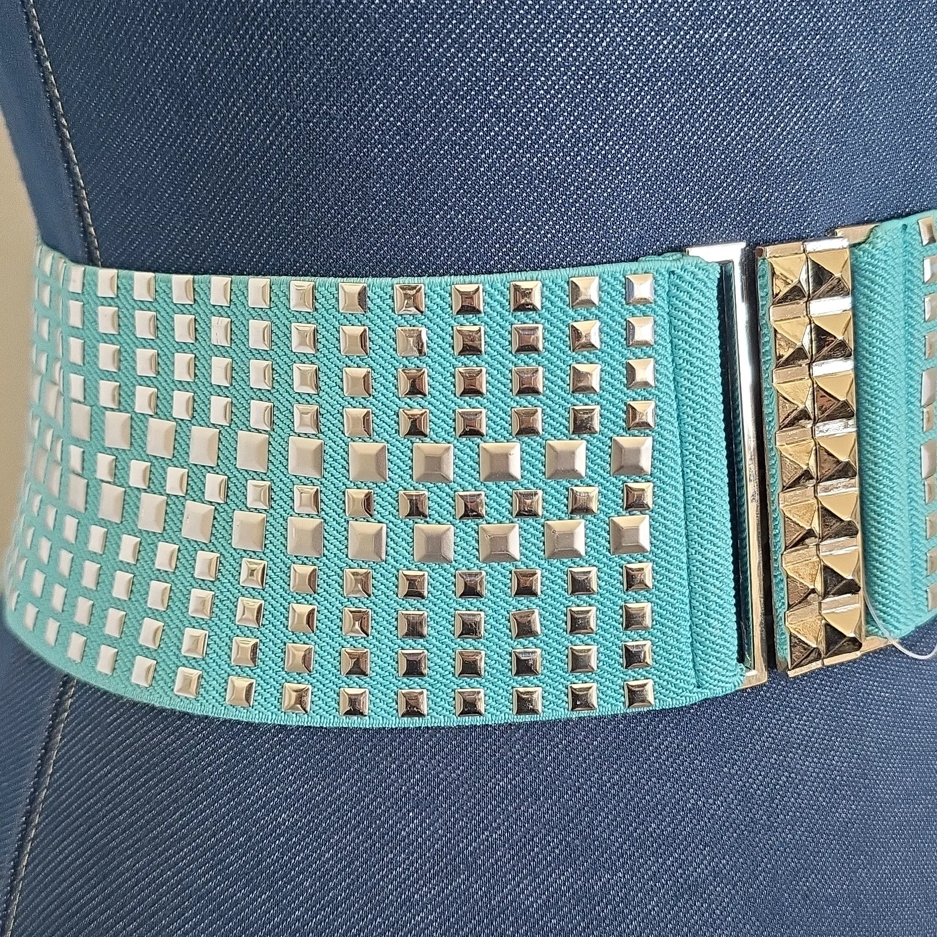 Vintage Silver And Aqua Blue Wide Stretch Studded Belt - Image 2