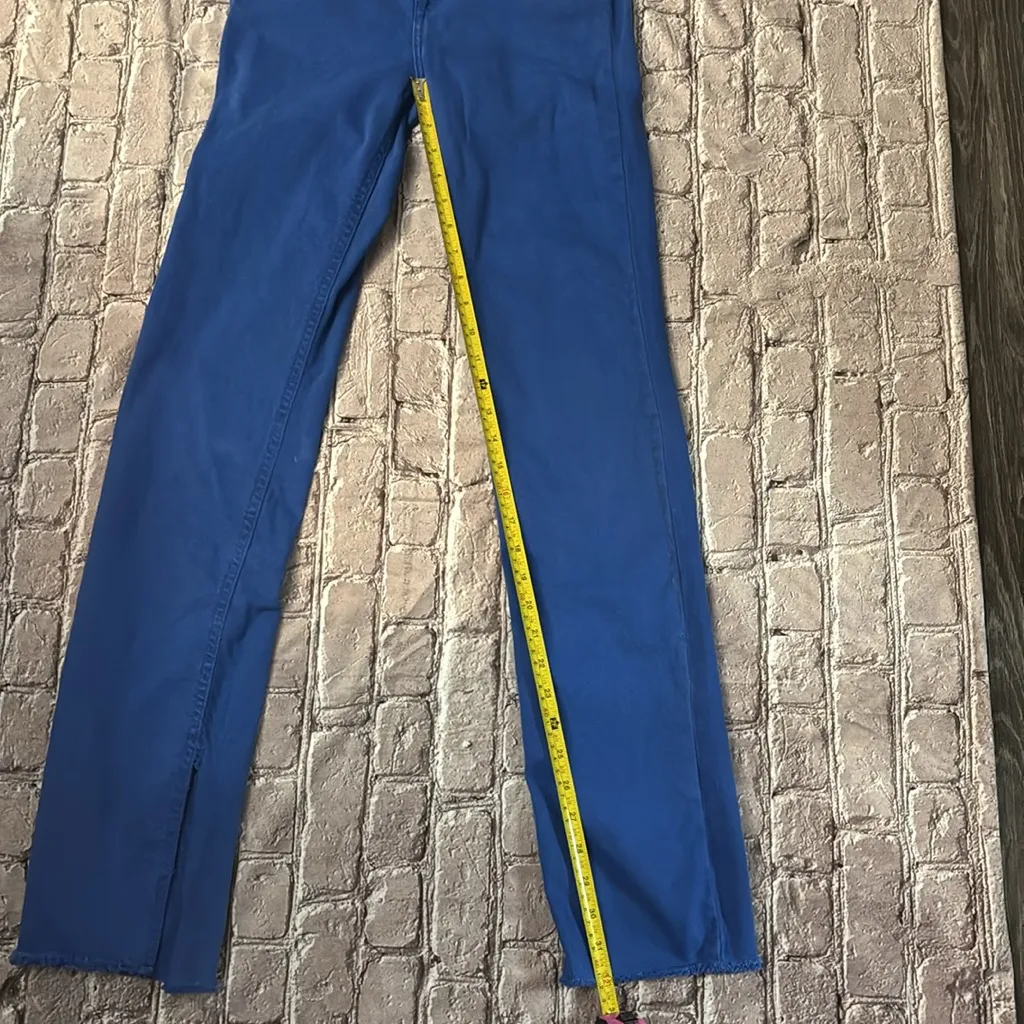 ZARA Straight Leg Jeans  2 High Rise Hem Slit Frayed Cobalt Blue Denim Casual - Image 7