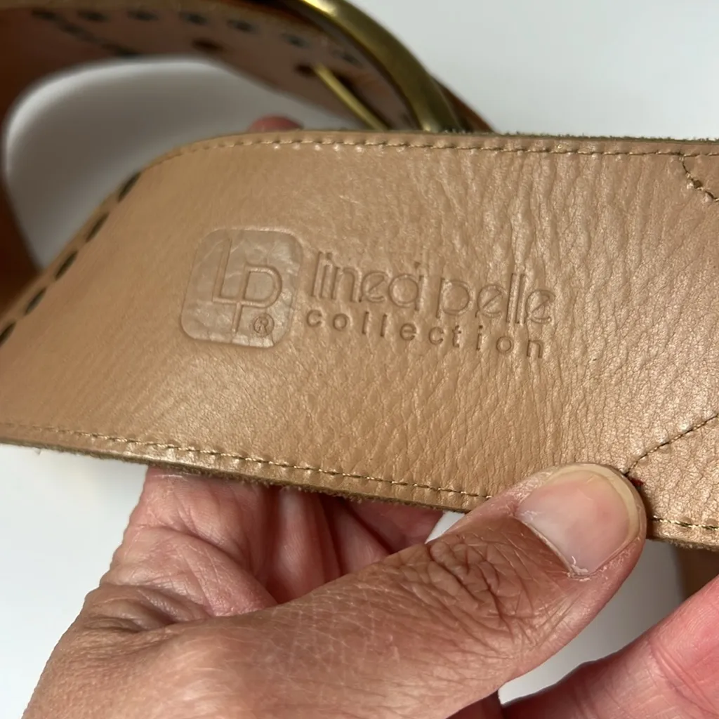 Vtg Y2K Women's Linea Pelle Handmade Belt Leather Brass Ornate Rectangle Buckle Brown - Image 6