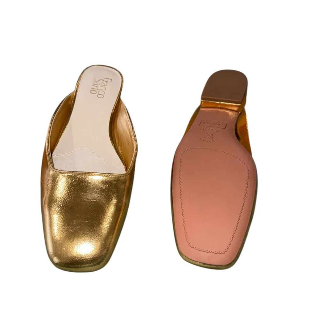 NEW Franco Sarto Women's Dayla Square Toe Block Heel Mules Gold Faux Leather - Image 8