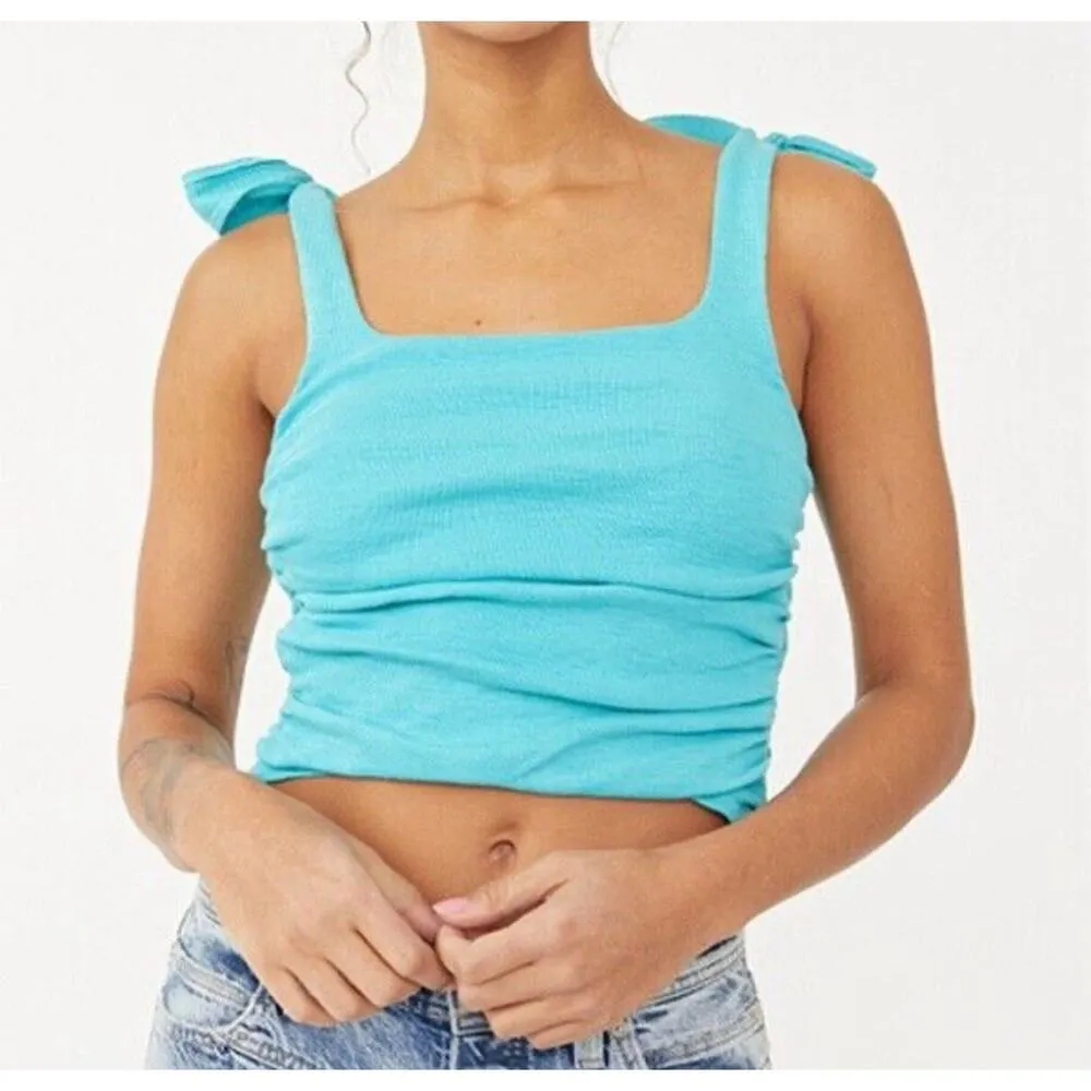 NEW Free People Boulevard Bow Tie Strap Ruched Sides Cotton Rib Tank Top‎ Aqua S - Image 2