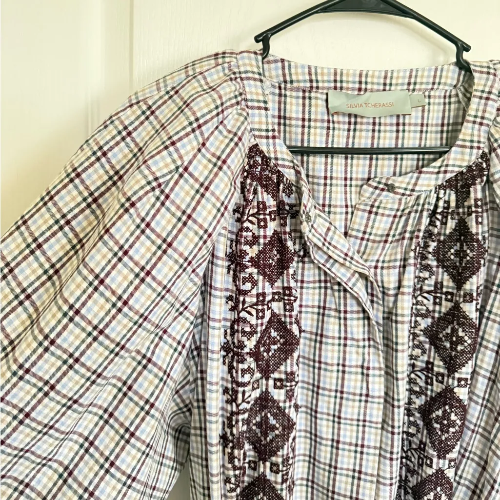 Silvia Tcherassi Buffa Embroided Plaid Plum Check Mini Dress White Size L - Image 4