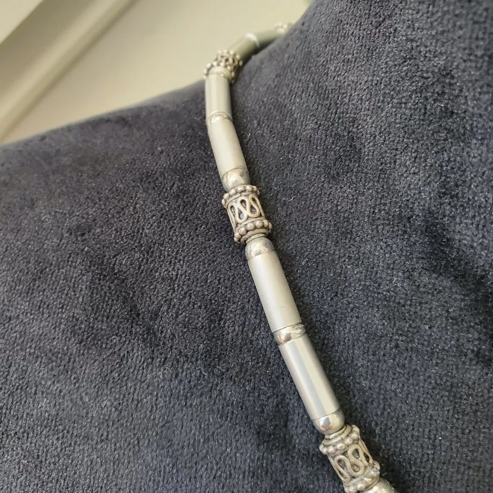 Women's Silver Tone Metal Tube Flower Link Choker Necklace - Image 5