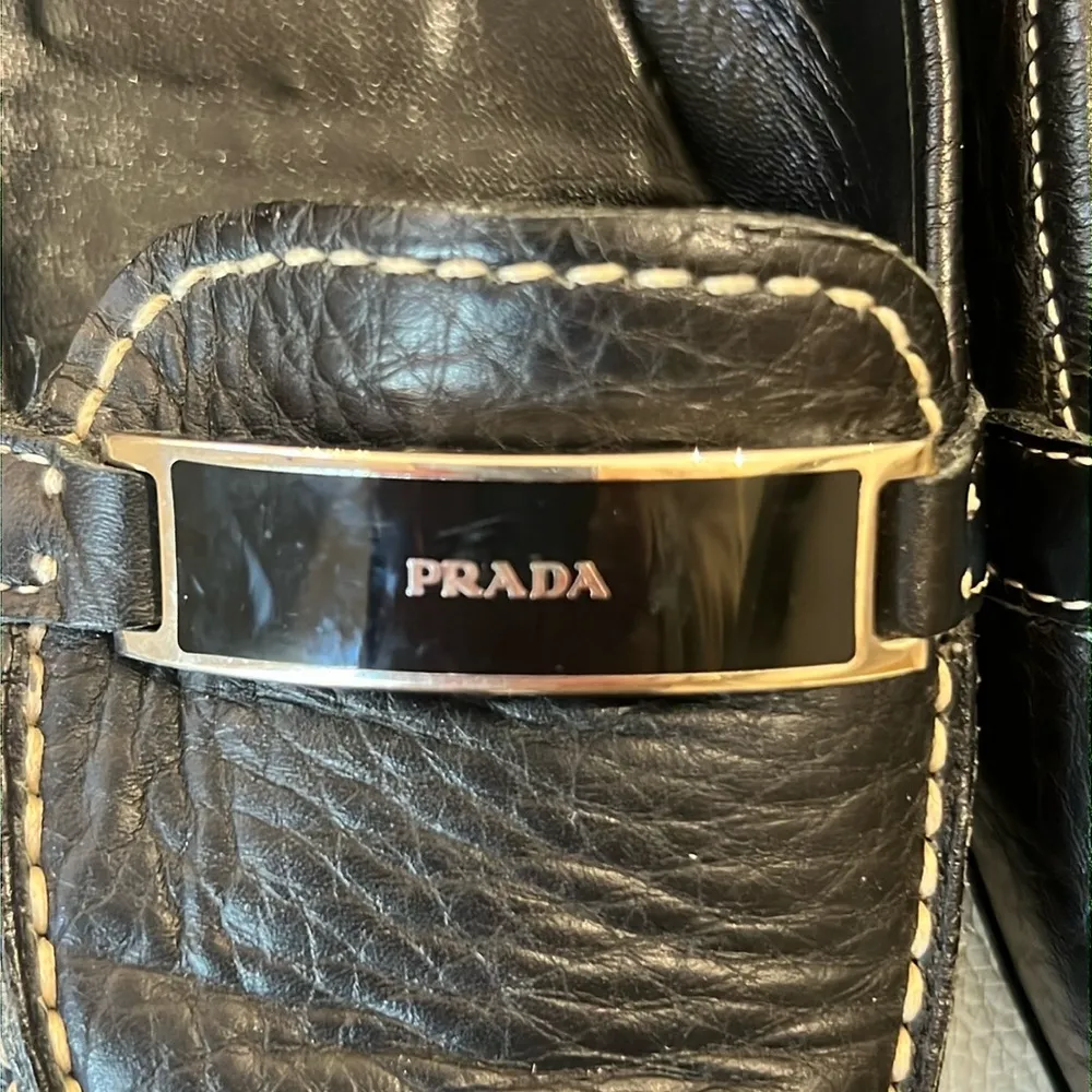 Prada Black Leather Loafers with Metallic Accent - Image 3