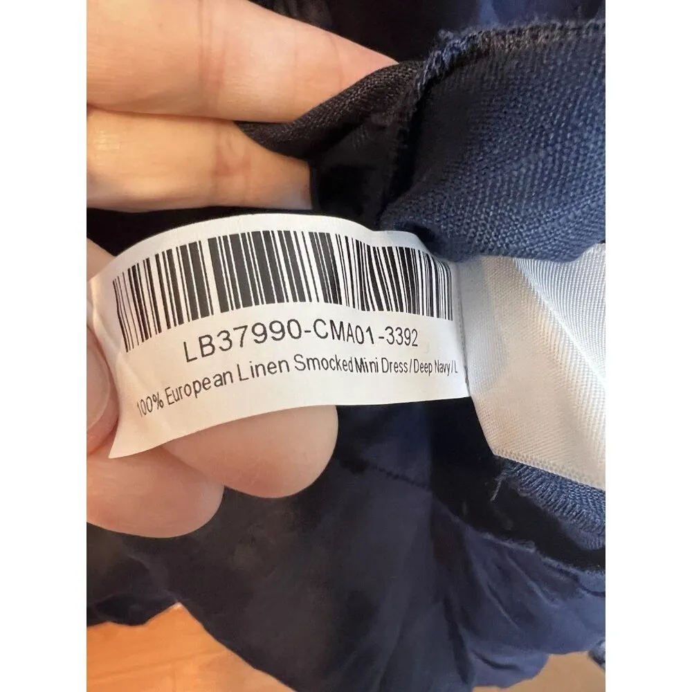 Quince 100% European Linen Smocked Mini Dress Large Navy Blue Puff Sleeves - Image 10