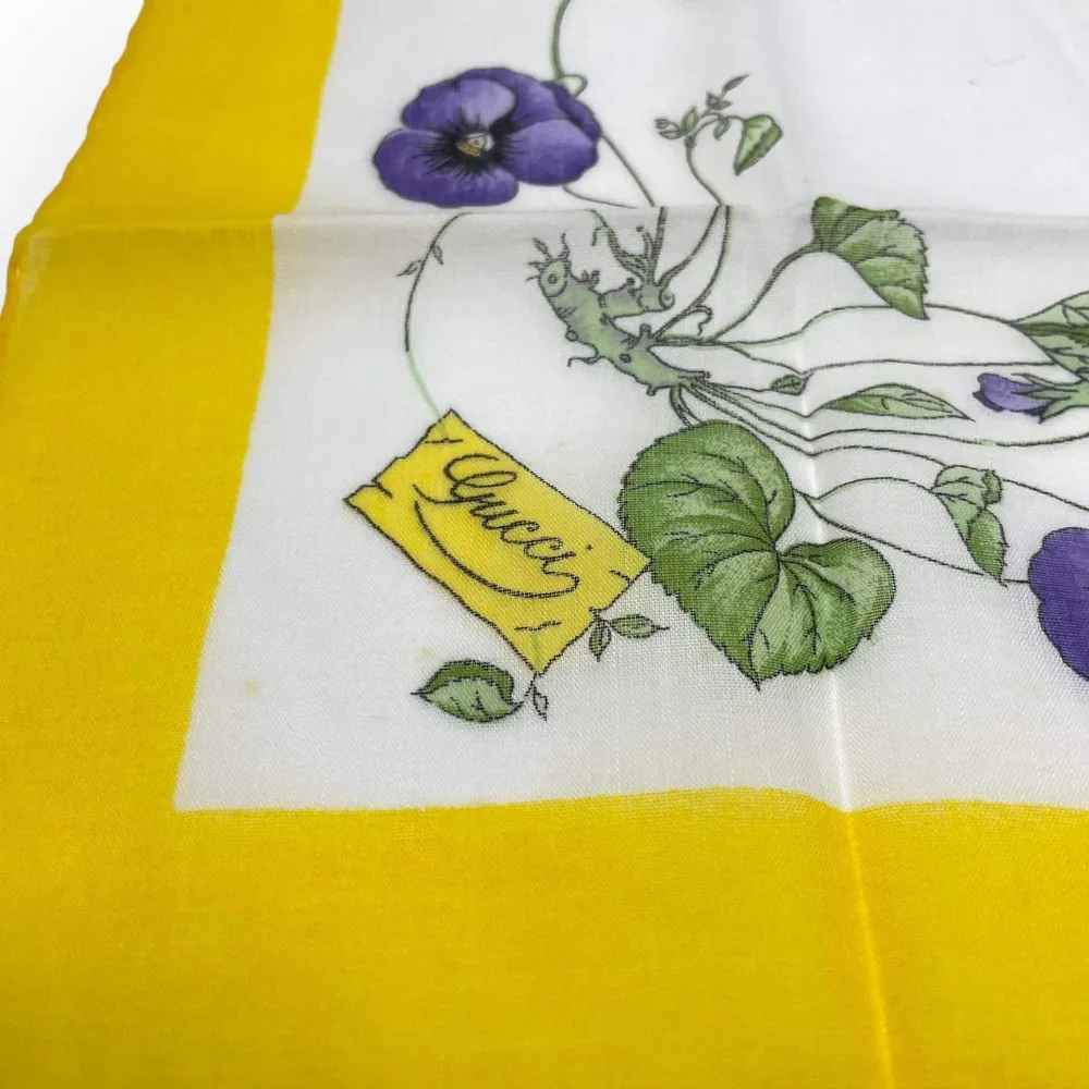 70s to 80s GUCCI Vintage Yellow White Cotton Floral Square Scarf - Image 3
