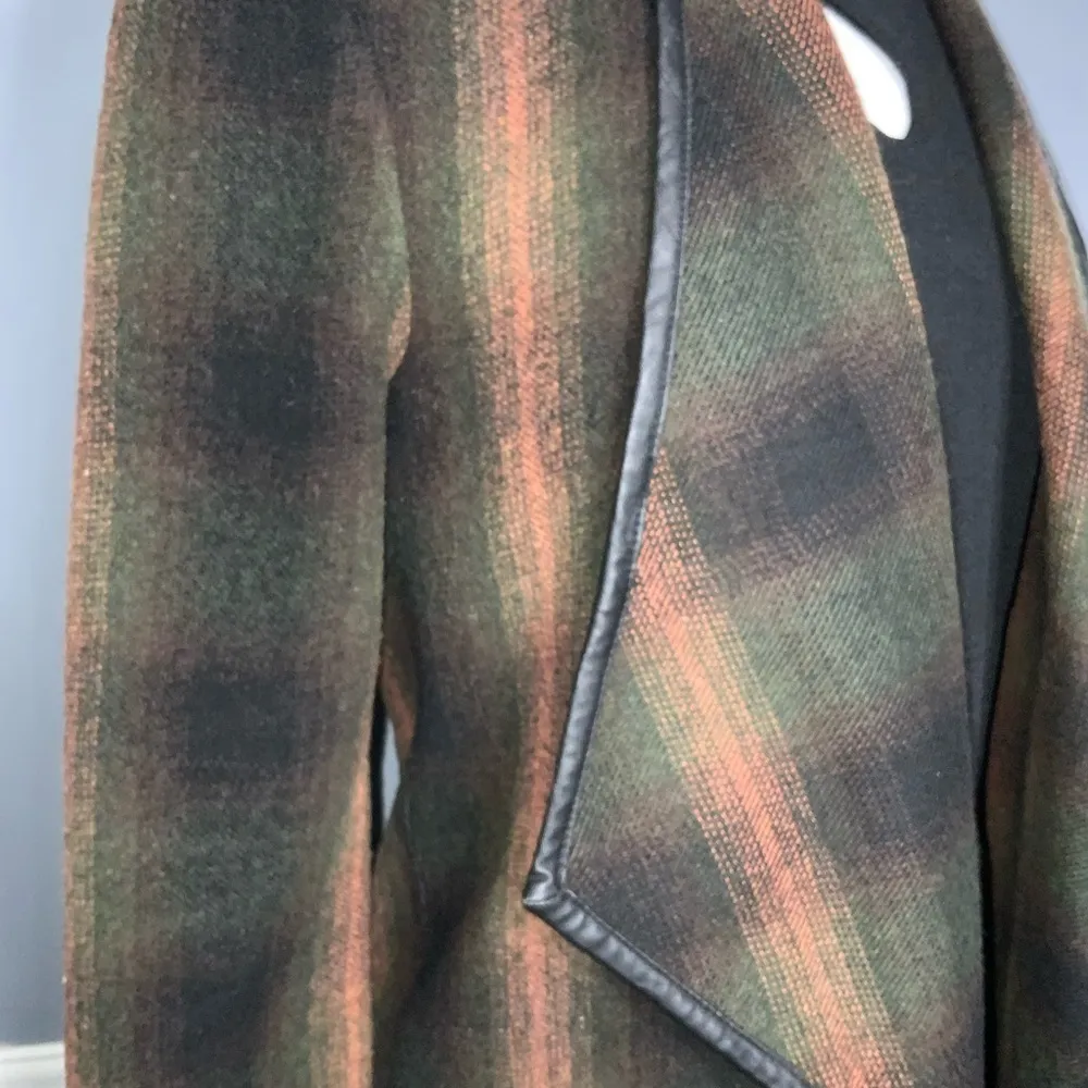 BB Dakota Brown & Orange Wool Blend Faux Leather Trim Open Front Cardigan Small - Image 7