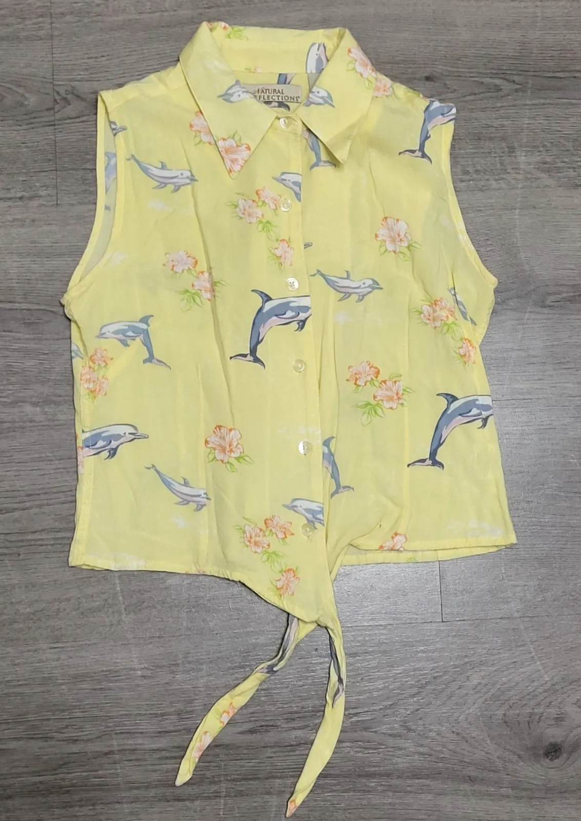 Vintage Natural Reflections 90s Dolphin Yellow Sleeveless Top Collared sz S - Image 1