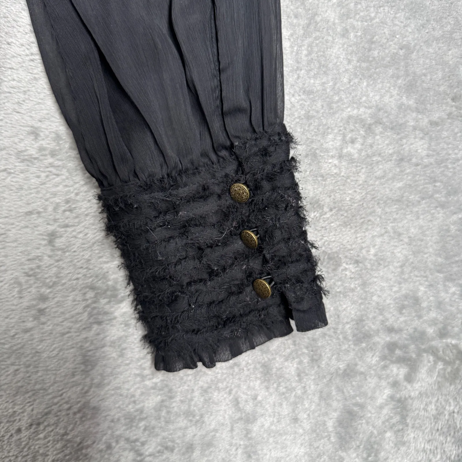 White House Black Market Blouse Sheer Long Sleeve‎ Ruffle Neck Neutral Black 4 - Image 5