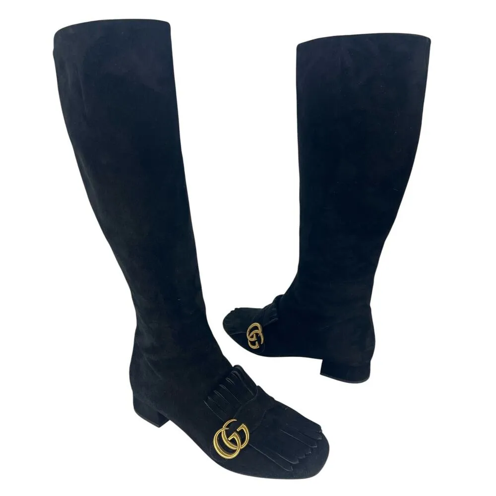 Gucci Suede Scamosciato GG Marmont Fringe Knee High Boots in Black - Image 2