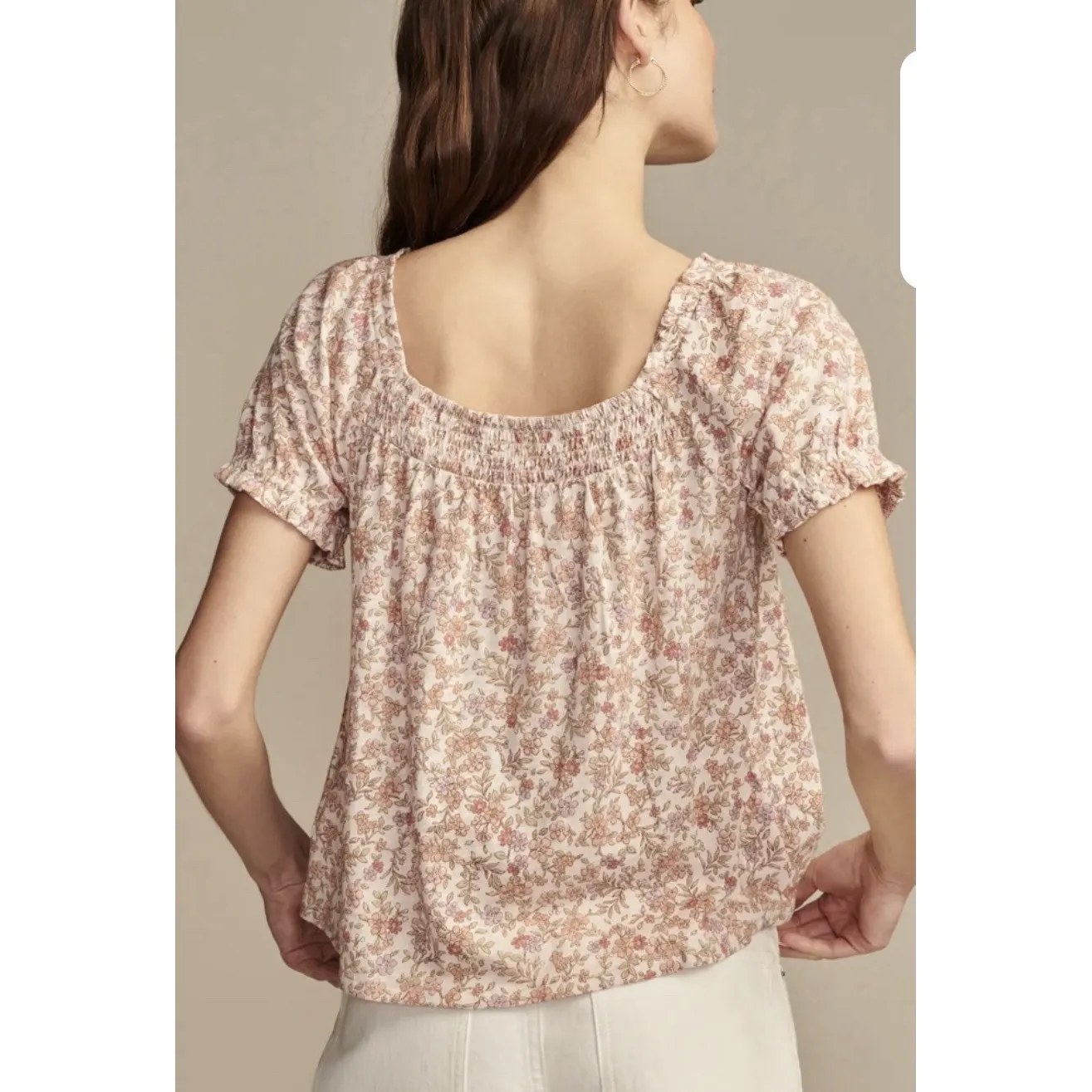 Lucky Brand Square Neck Floral Peasant Top Women Large Cream Prairie Fairy - Image 12