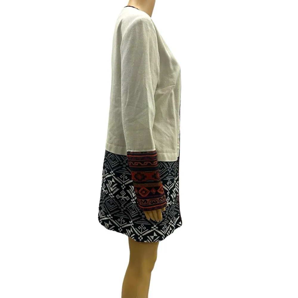 Ali Miles Linen Blend Aztec Print Open Front Boho Tunic Jacket Womens Medium Black - Image 4