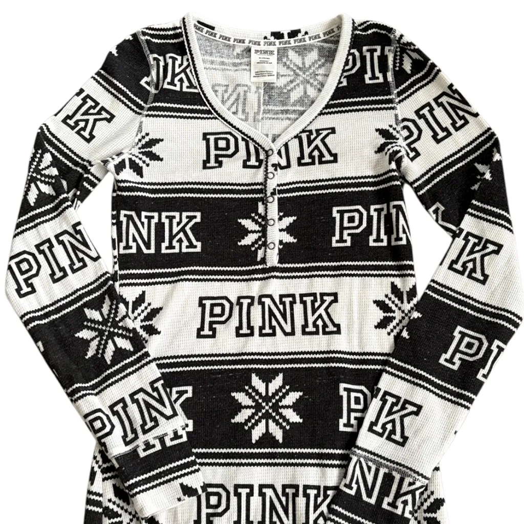 Like New PINK Victoria’s Secret Thermal Onesie Pajamas Black White Size Medium - Image 4