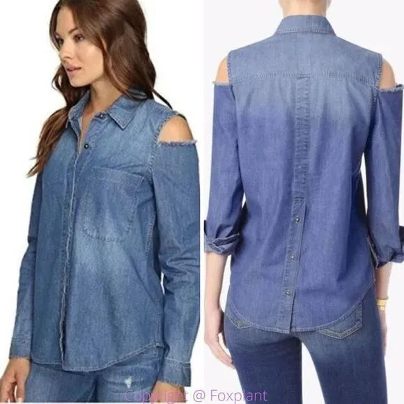 7 For All Mankind Women's Long Sleeve Cold‎ Shoulder Denim Shirt, size S - Image 3