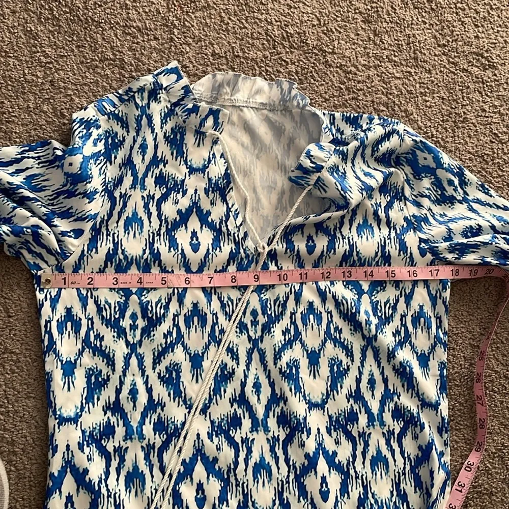 Blue Boho Pattern Maxi Elegant Short Sleeve V Neck Loose Swing Dress | Small - Image 10