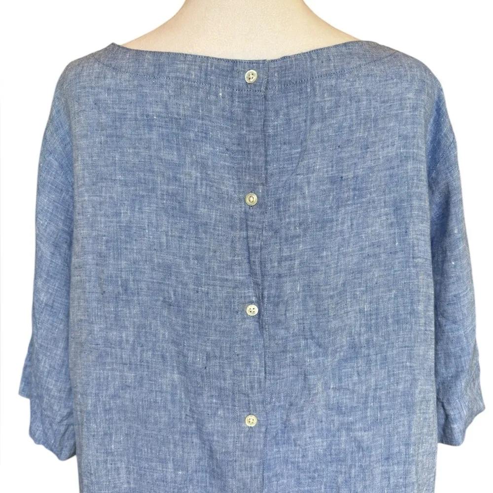 LL Bean Linen Blue Buttons Back 3 Quarter Sleeve Top Lagenlook Womens Size XL - Image 4
