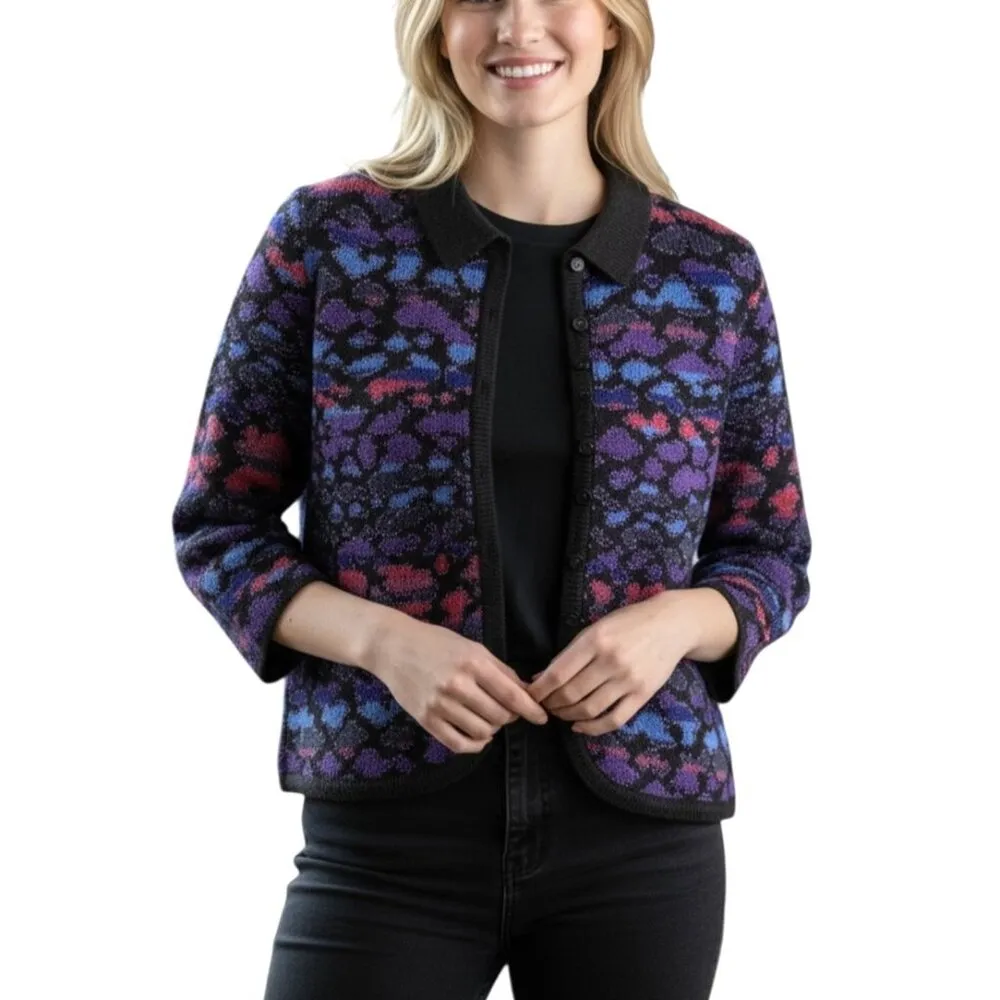 Vintage FRENCH RAGS Black Purple Blue Metallic Cardigan Sweater Size 1/M Size M - Image 2