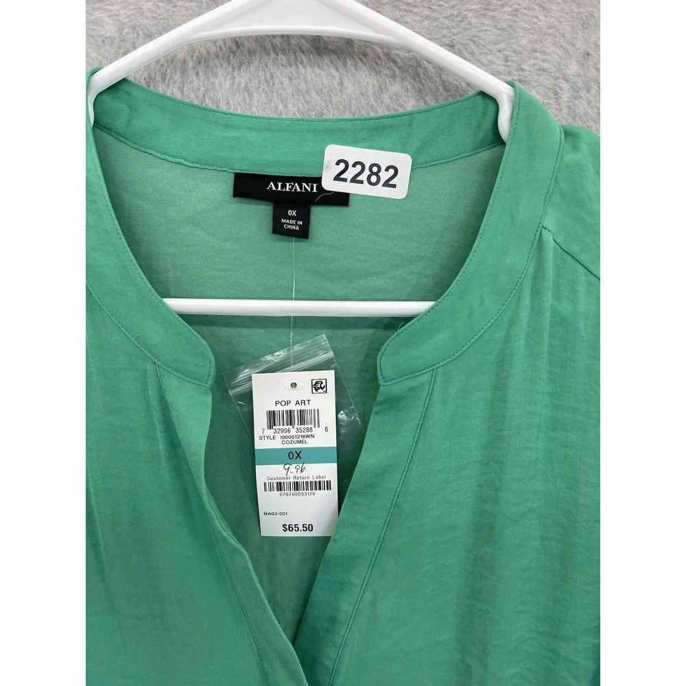 Alfani Women's Blouse Bell Sleeve Tie Front VNeck Plus Size 0X Green - Image 9