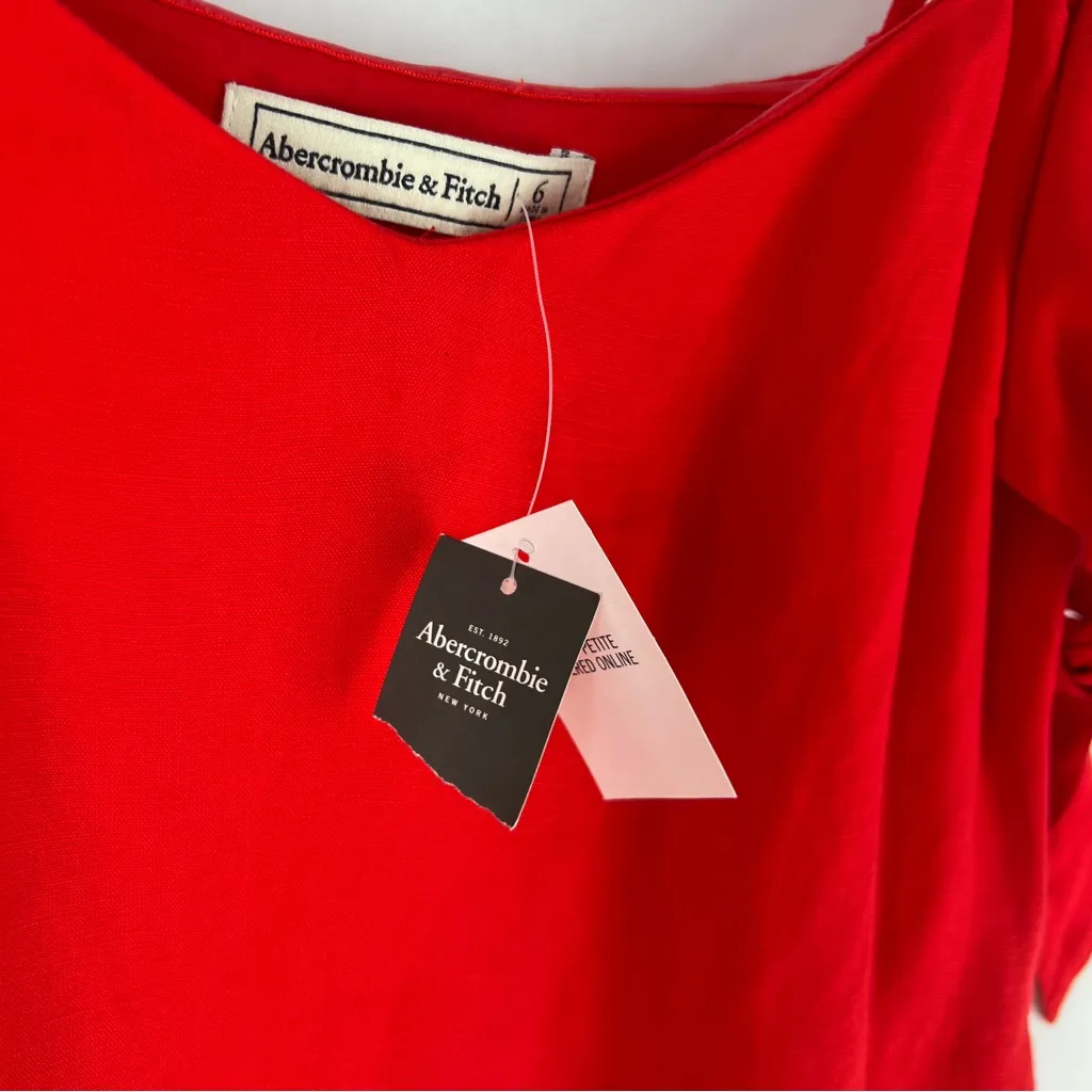 Abercrombie & Fitch Red Linen Blend Off The Shoulder Sweetheart Midi Dress‎ 6 - Image 5