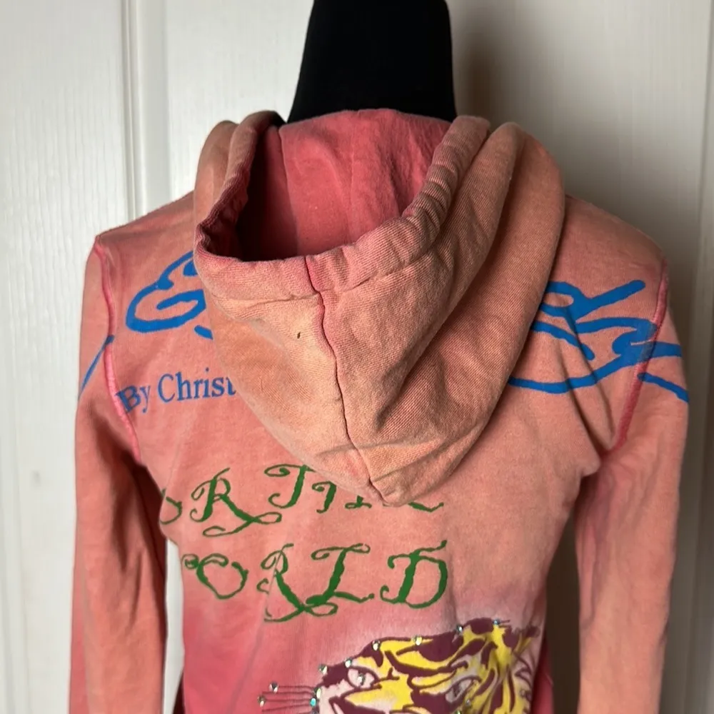VTG y2K ED HARDY CHRISTIAN AUDIGIER PINK OMBRE CRYSTAL ZIP UP HOODIE - Image 4