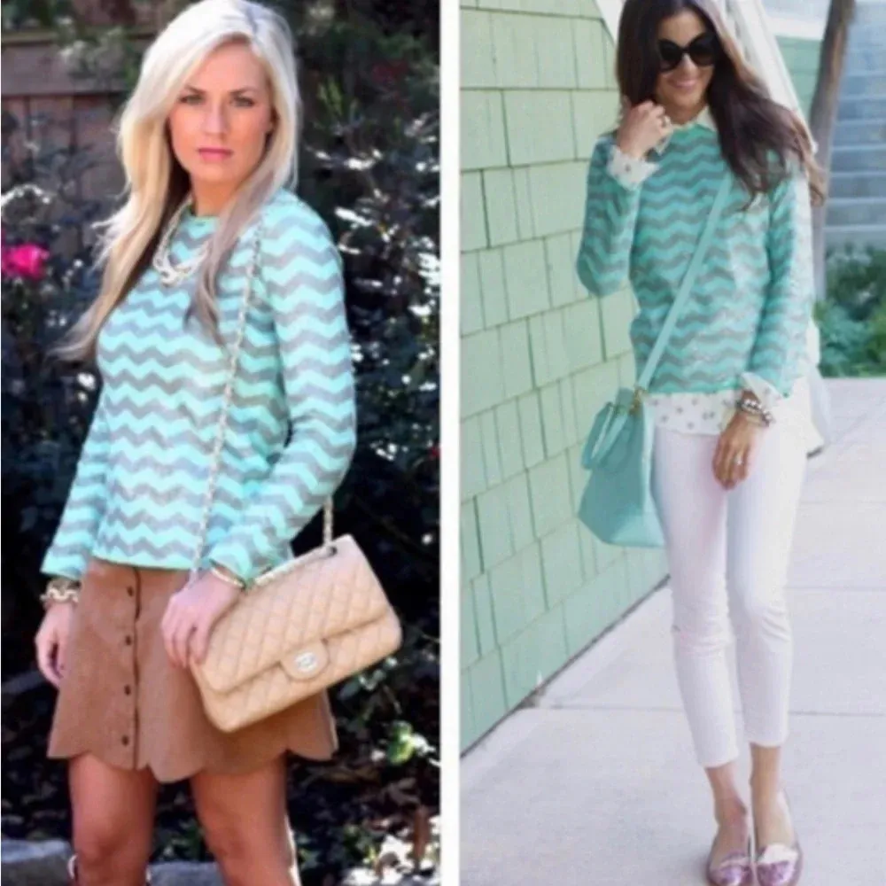 J. Crew Mint Green Chevron Sequin Top Party Holiday Festive Long Sleeve Size XS - Image 9