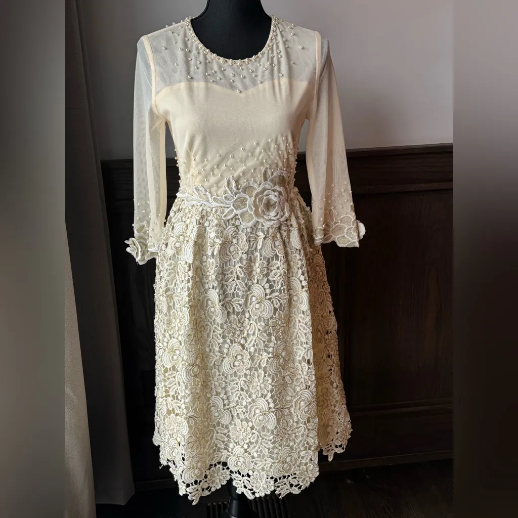 Metisu sheer top beige and gold floral pearl party dress. Nwt Size M - Image 3