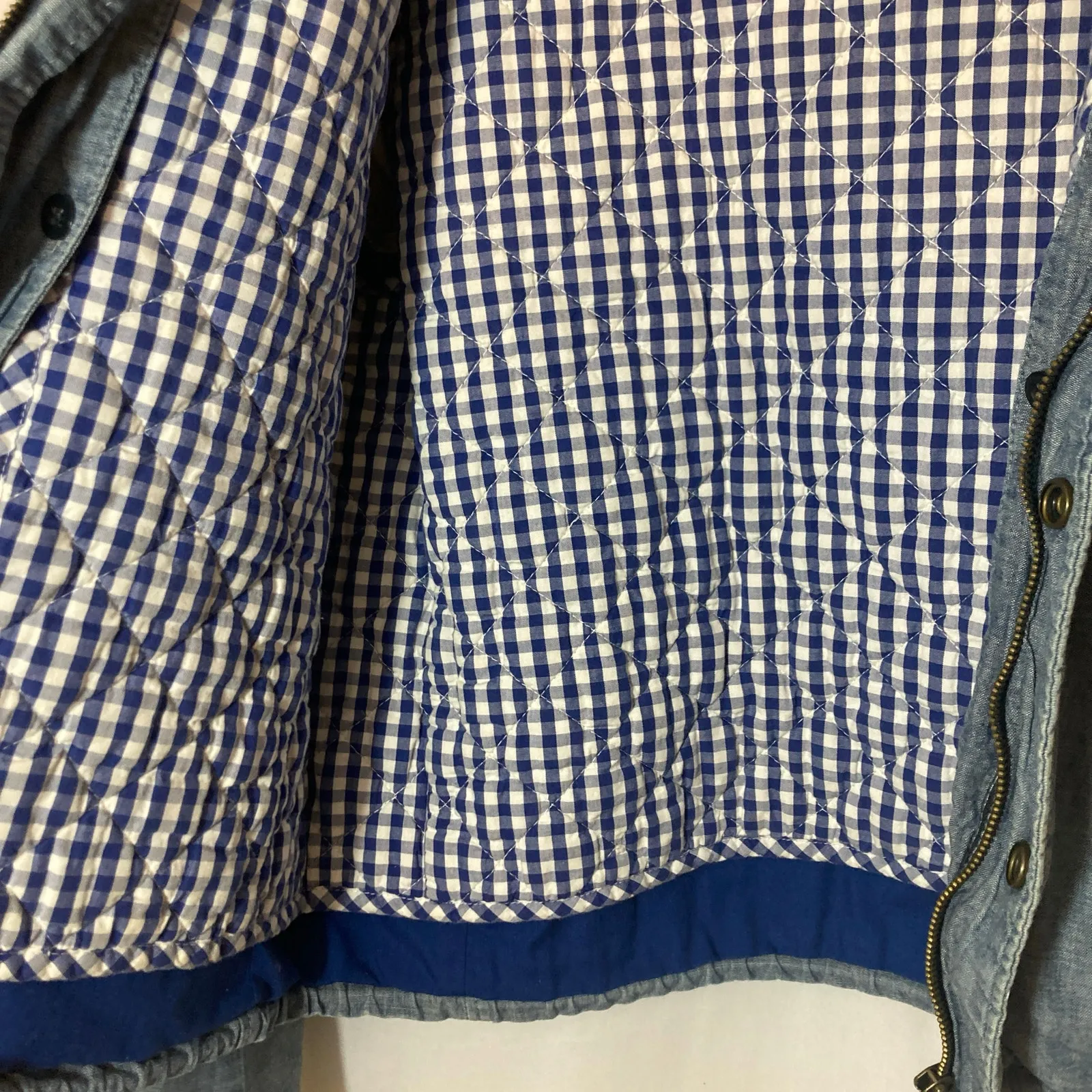 J. Crew Blue Chambray Denim Snap Zip Up Hooded Plaid Lining Bomber Jacket Size 6 - Image 12