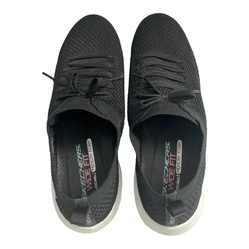 Skechers Black Stretch Knit Sneakers Memory Foam Slip On Faux Lace Up Size 11 - Image 8