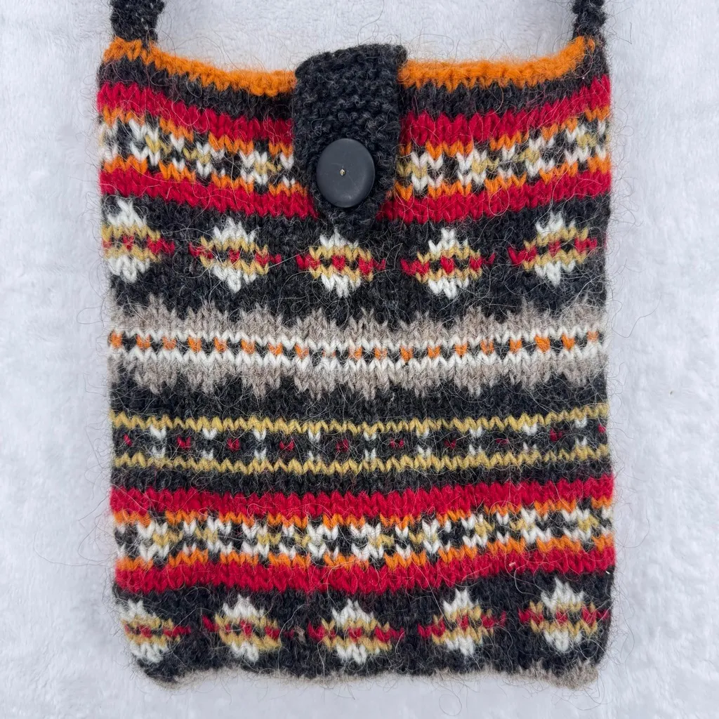 Hand Knit Wool Boho Crossbody Bag Taska Print Hippie Tribal Southwestern Black - Image 3