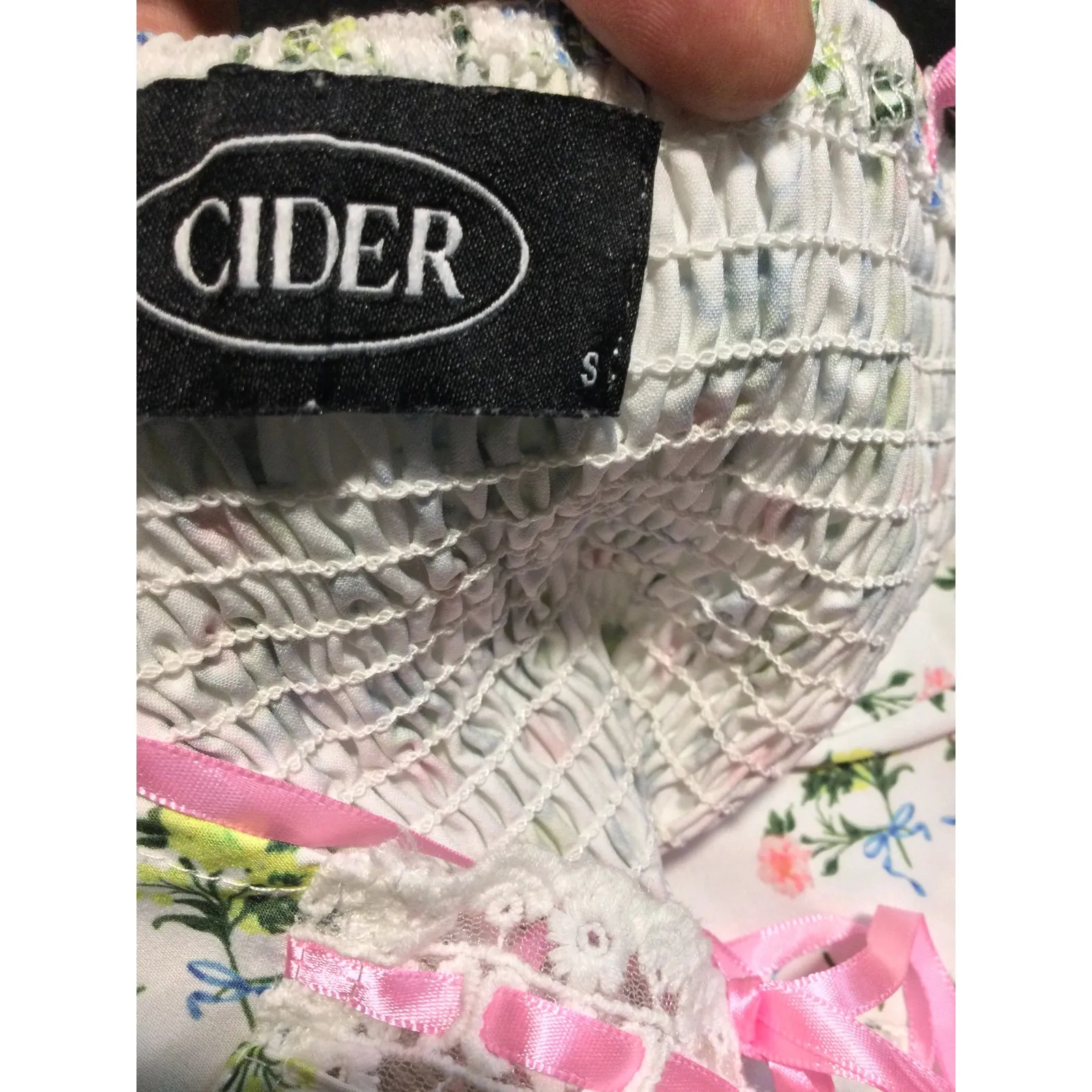 CIDER Floral Smocked Corset Top Pink Ribbon Bows Cottagecore Kawaii S - Image 8