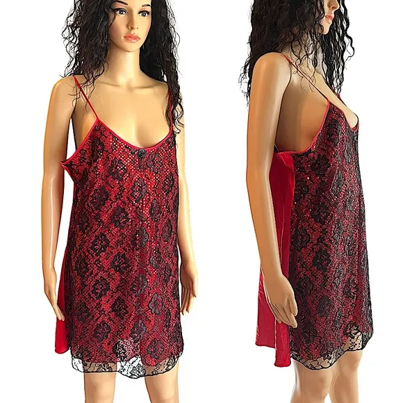 Vintage 90’s Night Magic by Cinema Etoile Red Satin Material Nightgown Black Size L - Image 2