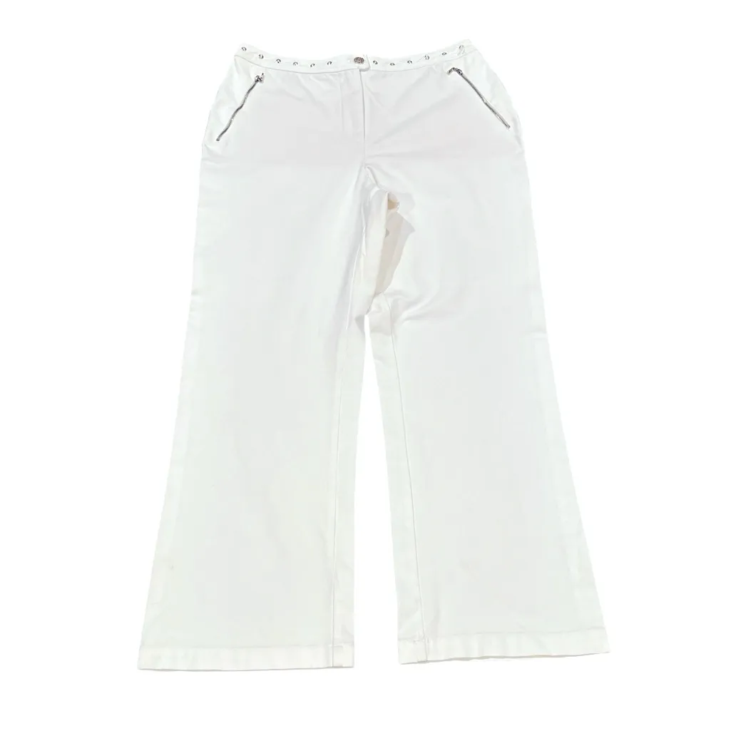 St. John Sport High Rise Flare White Stretch Goldtone Zippered Pocket Jean Pants Size 12 - Image 2