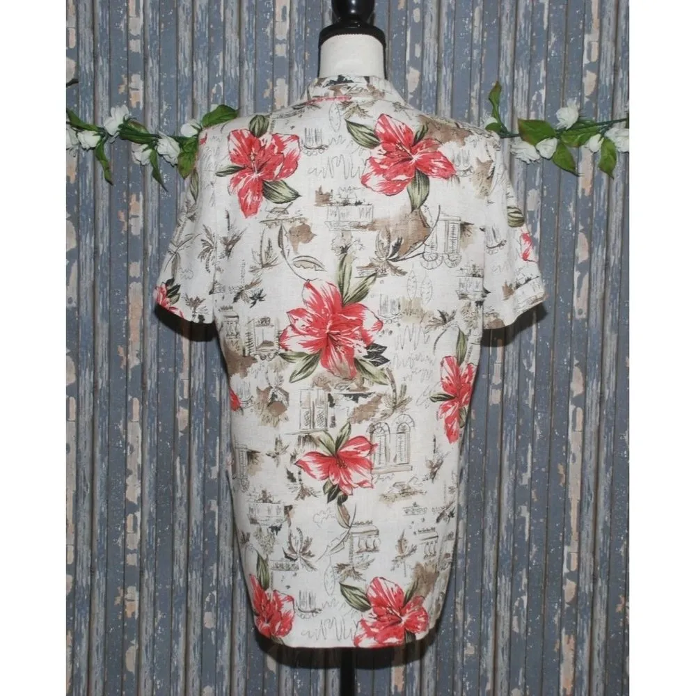 Tofy Tan Hawaiian Floral Jacket Size 8 Flax Blend Shoulder Pads Short Sleeves - Image 7