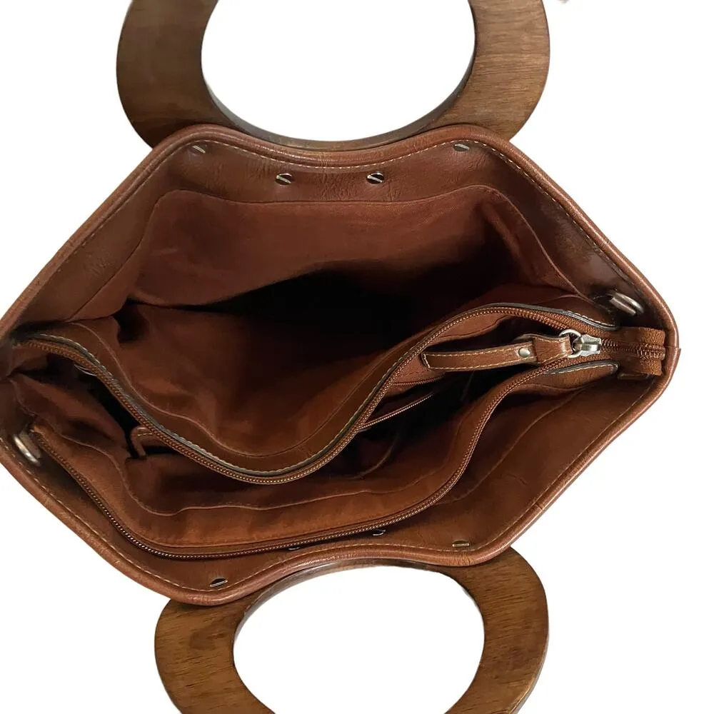 Fossil Multi Colored Striped Leather Trim Wood Handle Satchel Purse - Image 7