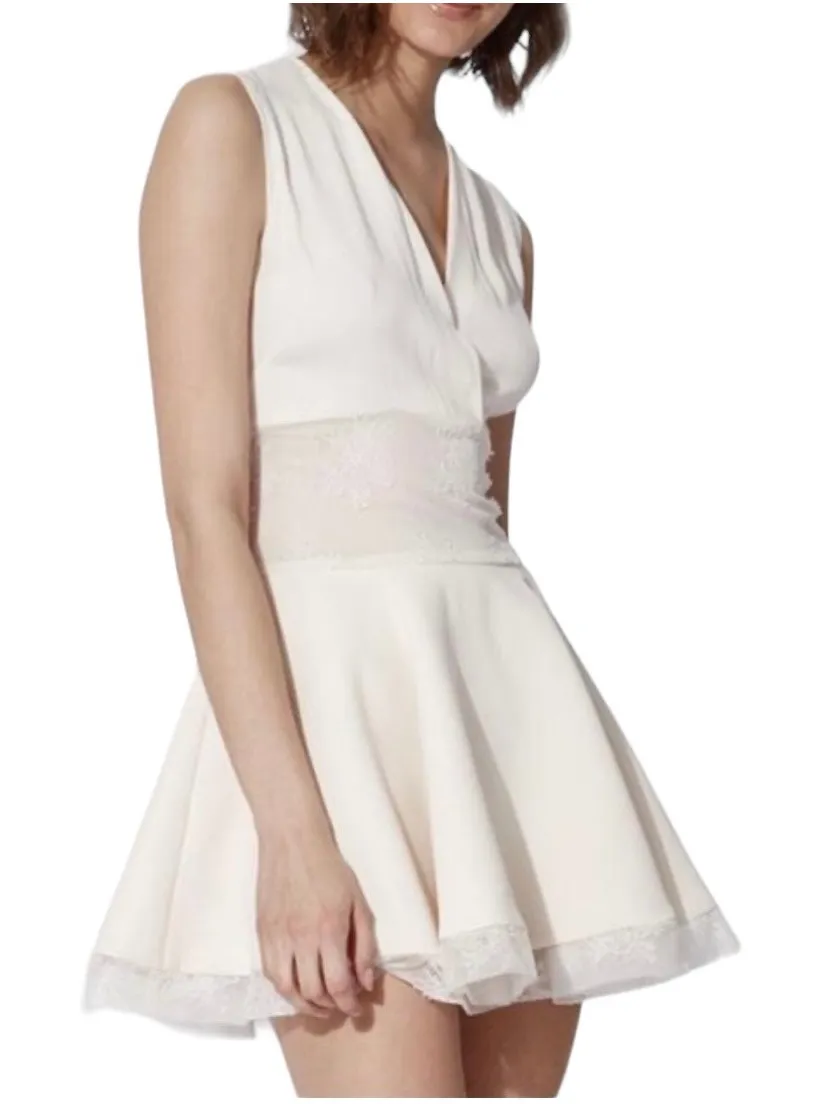 Maje Mini Dress Fit & Flare Sheer Top Cream Lace Waist Flare Skirt - Image 1