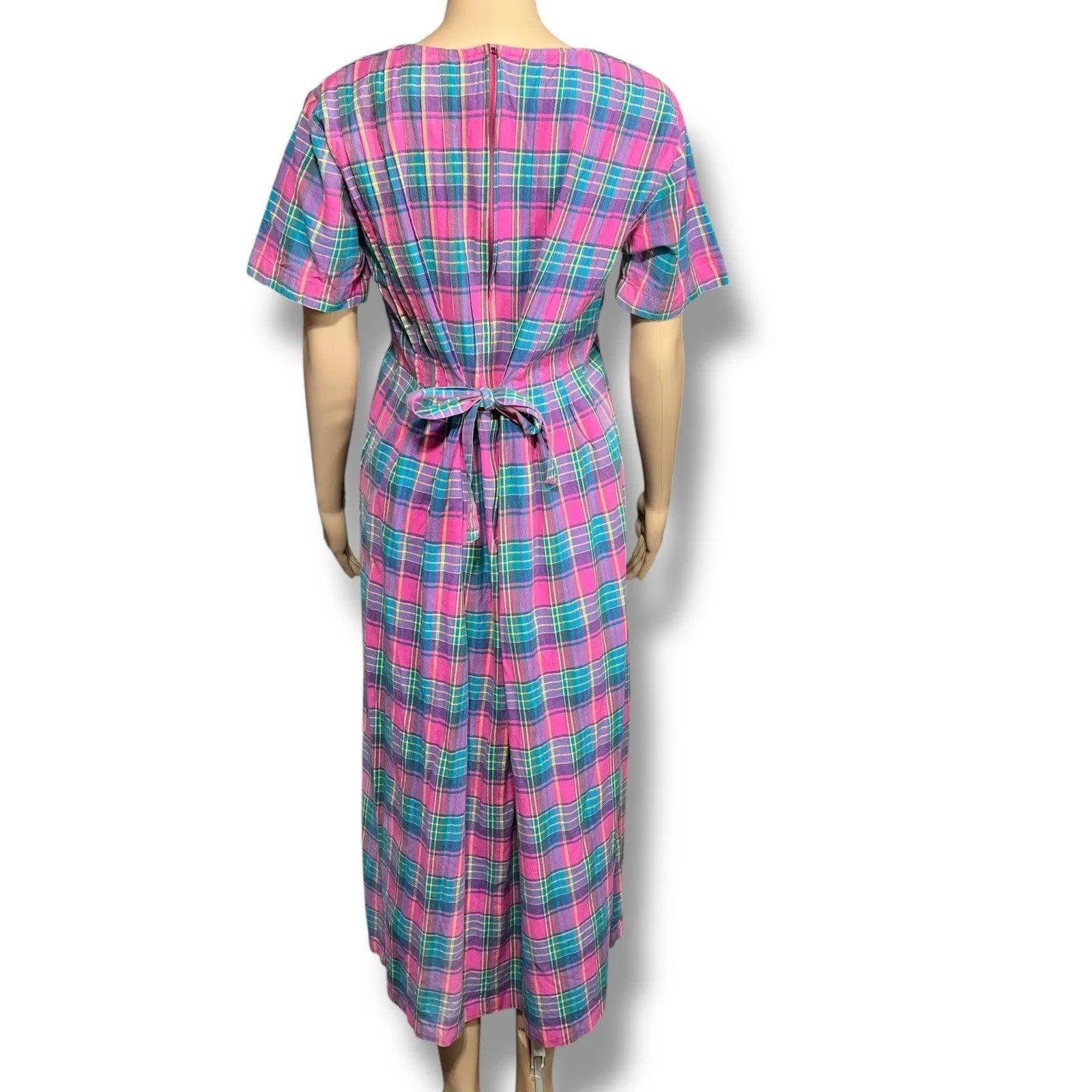 Vintage 90s Two Twenty Prairie Plaid Pleated Midi Shirt Dress Cotton Pink Small - Image 4