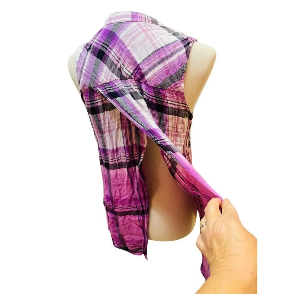 Rock & Republic Purple Checkered Split Back Sleeveless Button Front 100% Rayon B - Image 8